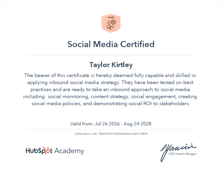 Certificate for Social Media Marketing course.  Virtual Assistant