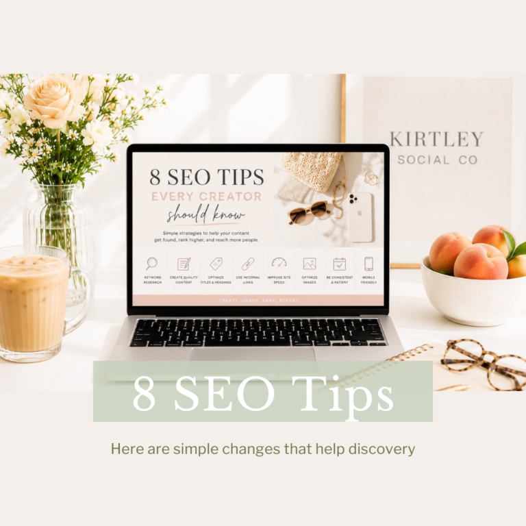 Laptop displaying SEO tips for content creators and small businesses with a bright workspace by Kirtley Social Co.