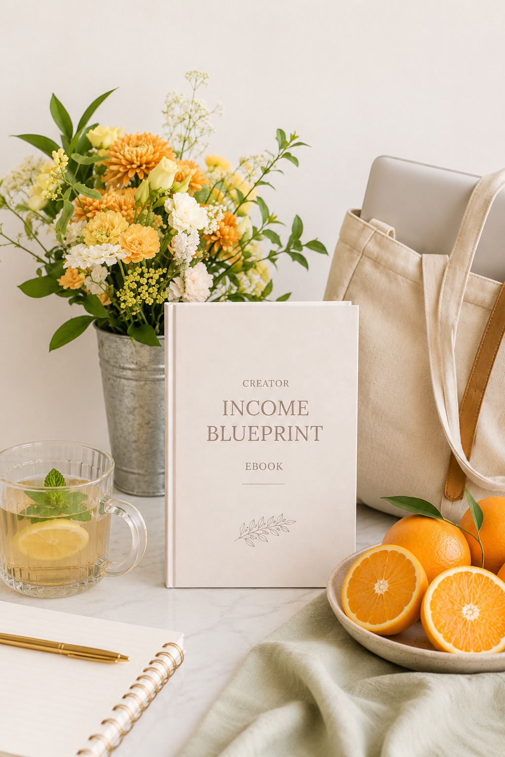 Styled flat lay featuring the Creator Income Blueprint ebook, a canvas tote with a laptop, fresh oranges, a glass mug of tea, and orange and white flowers in a bright, minimalist workspace.